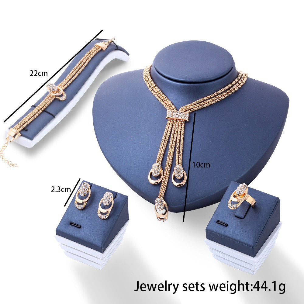 Gold Plated Geometric Rhinestone Jewelry Set with Ball Chain for Women
