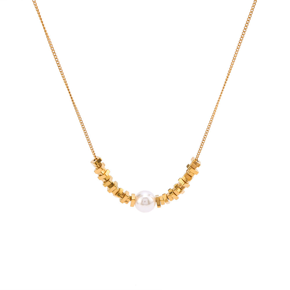 Ins Style Geometric Gold Block Pearl Pendant 18K Gold Plated Titanium Steel O-Chain Necklace for Women