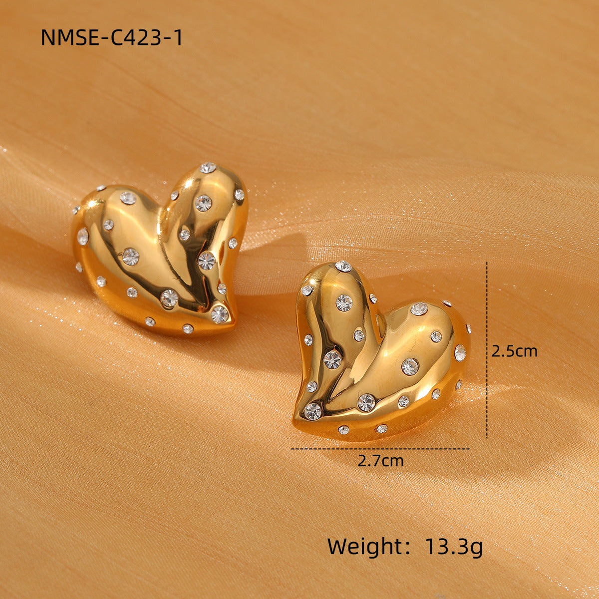 Vintage Heart-Shaped Stainless Steel Earrings with 18K Gold Plating and White Rhinestone Inlay for Women