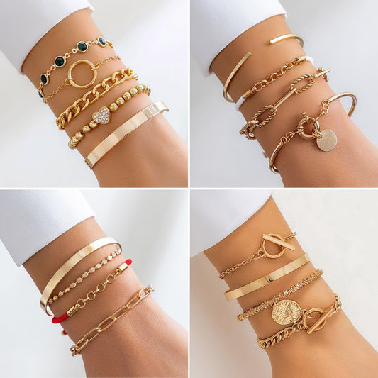 Pulsera geométrica de aleación con forma de corazón e incrustaciones de diamantes de imitación para mujer, pulsera de cadena apilable estilo hip-hop