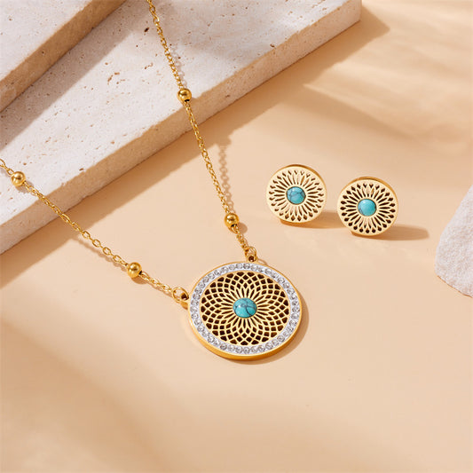 Juego de collar con colgante de turquesa geométrica calada bohemia vintage de acero inoxidable con cadena de caja para mujer