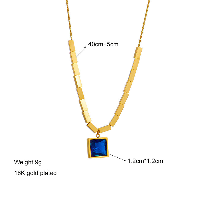 Vintage Minimalist Square Titanium Steel Necklace with Blue Rhinestone Inlay and Plated Finish