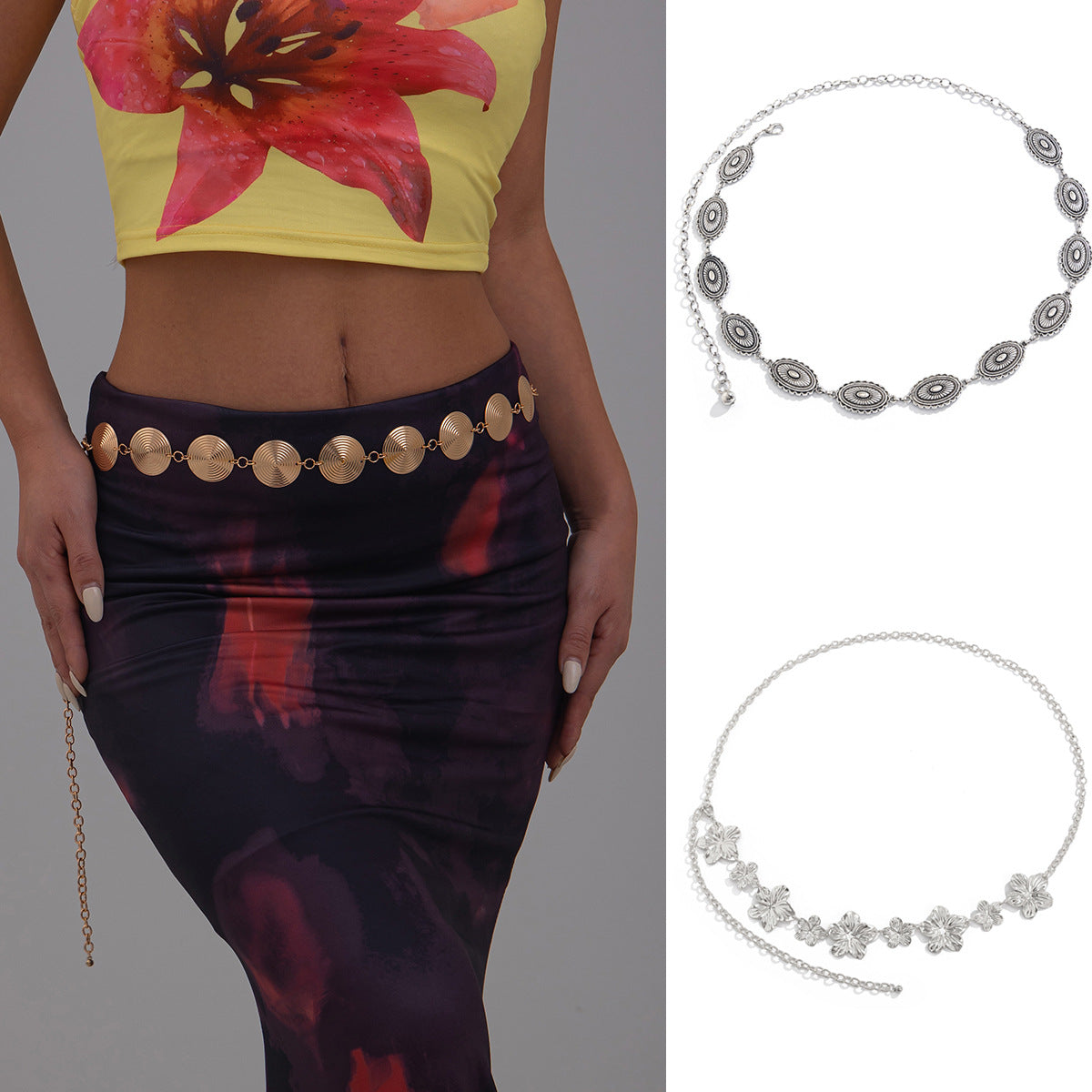 Bohemian Ethnic Floral Carved Oval Matte Alloy Body Chain for Women