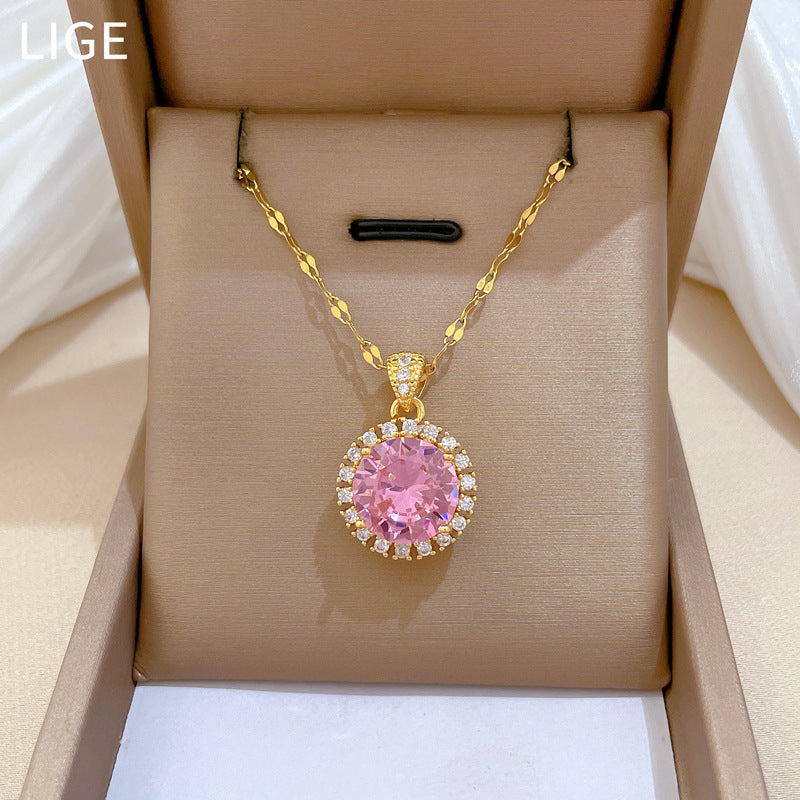 Sweet Round Geometric Titanium Steel Necklace with Micro-Inlaid Cubic Zirconia on Brass Pendant