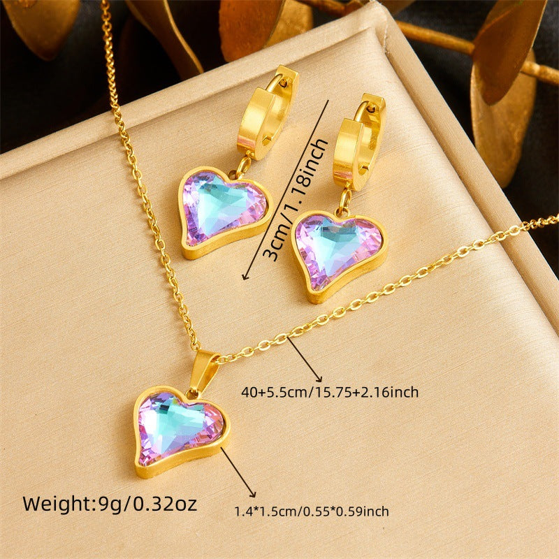 Fashion Office Chic Plated Stainless Steel Heart Pendant Necklace and Earrings Set with Rhinestone Accents