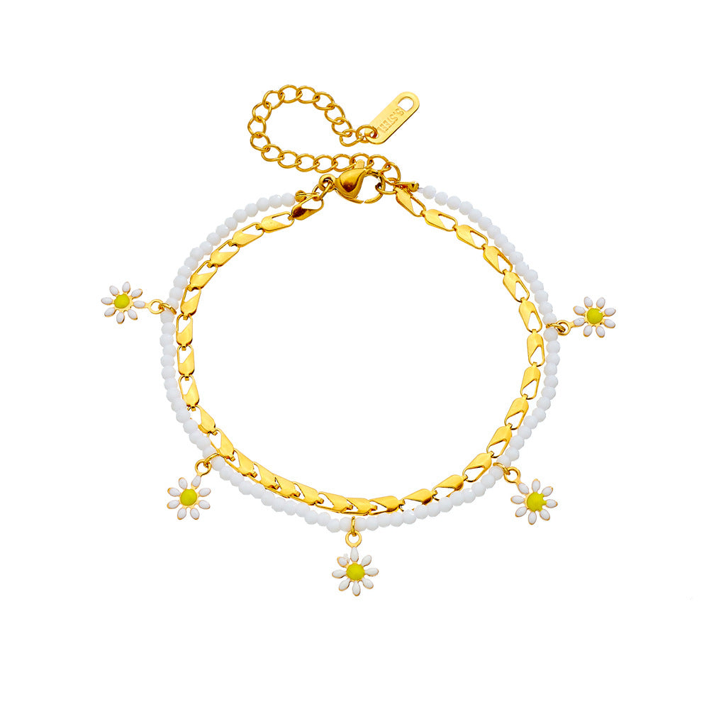 Chic Daisy Floral Stainless Steel Anklet for Women with Enamel Finish and Layered Chain Design