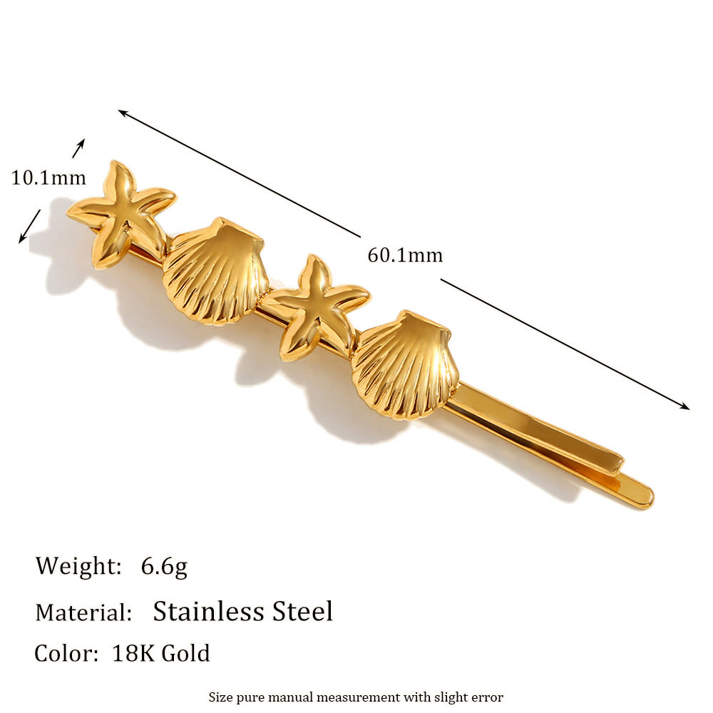 Vintage French-Inspired Heart and Seashell Hair Clip for Women Made of Stainless Steel with 18K Gold Plating