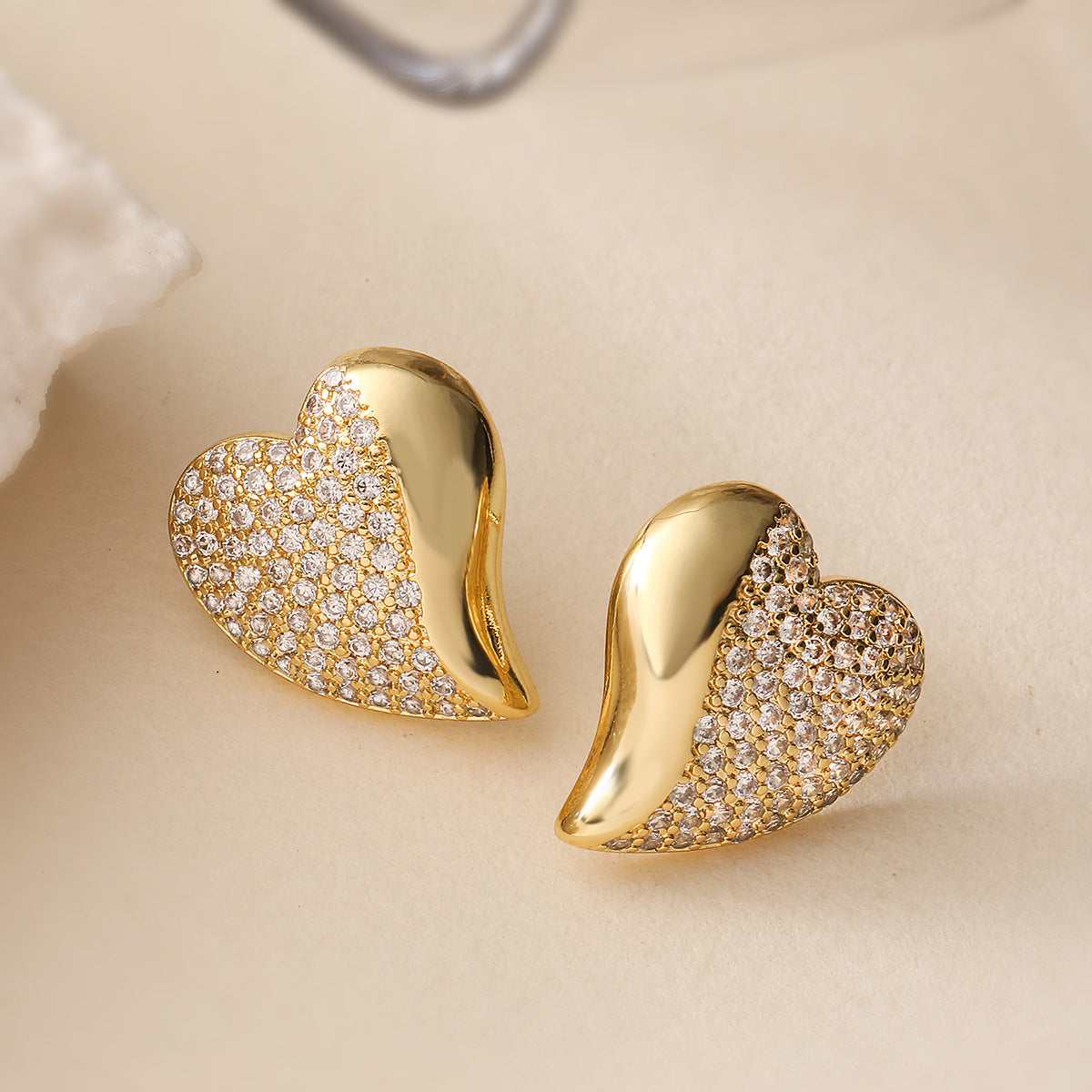Minimalist Heart-Shaped Copper Earrings with 18K Gold Plating and Micro-Pavé Zirconia for Women