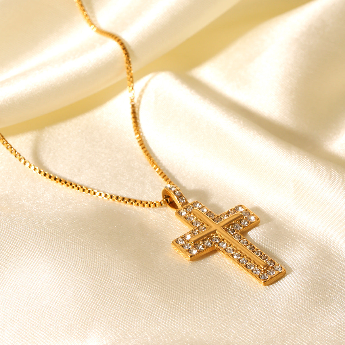 Trendy Geometric Cross Pendant Necklace 18K Gold Plated Stainless Steel Box Chain Rhinestone Inlay Women Jewelry
