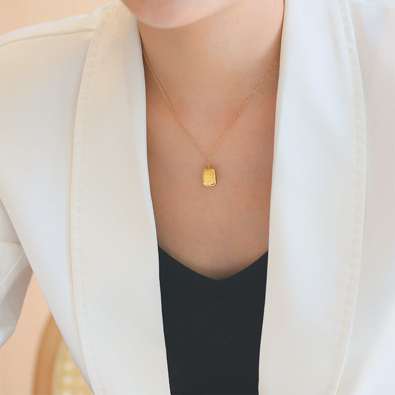 Minimalist Square Chocolate-Inspired Titanium Steel Necklace with Geometric Frame Pendant on Wavy Chain for Women and Men