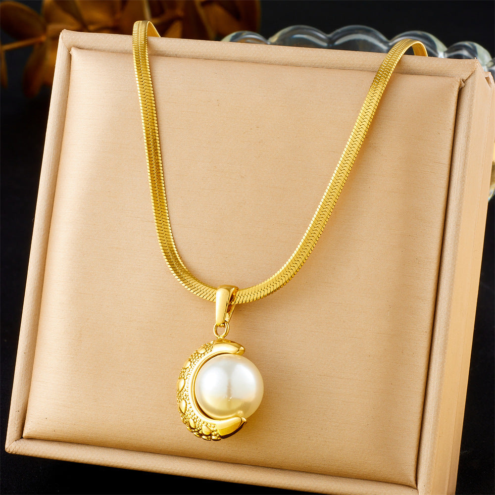 Vintage Gold Plated Heart Teardrop Stainless Steel Necklace and Earring Set with Turquoise and Pearl on Snake Chain for Women