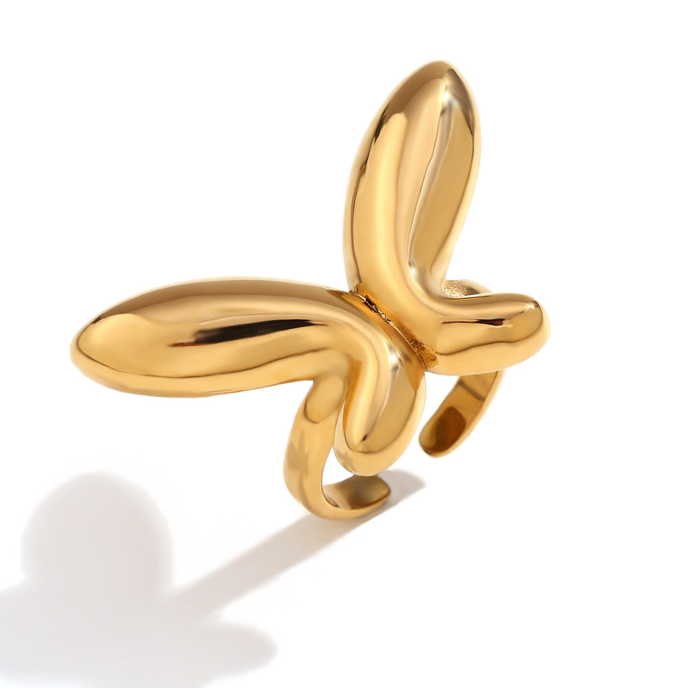 Anillo de acero inoxidable con forma de mariposa a la moda y chapado en oro de 18 quilates para mujer