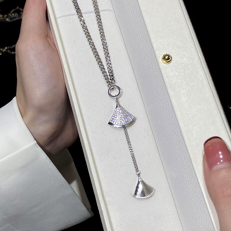Minimalist Fan-Shaped Titanium Steel Pendant Necklace with Micro-Pavé Zirconia for Women, Electroplated Waterwave Chain
