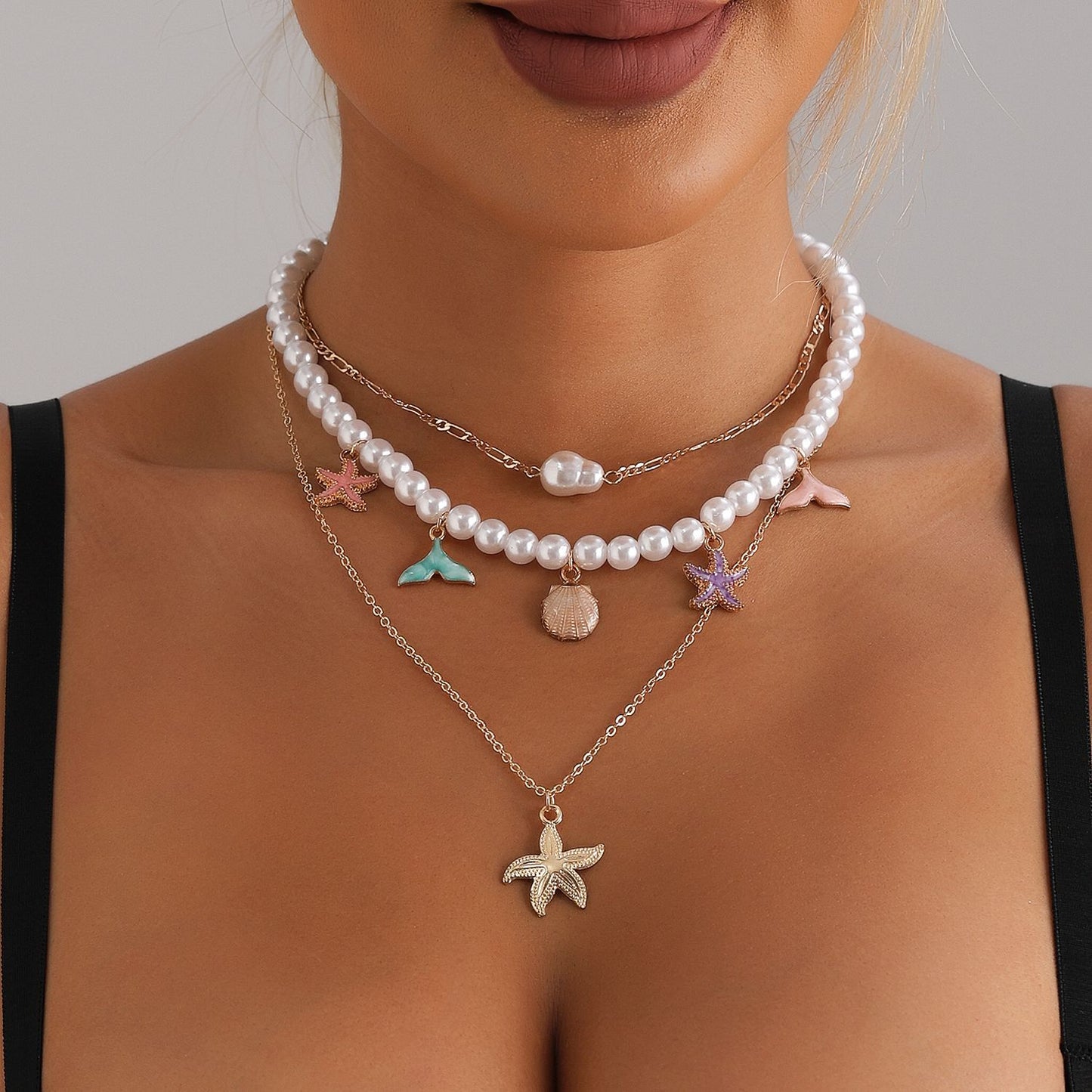 Vintage Ocean-Inspired Starfish and Seashell Pendant Necklace for Women with Alloy Chain and Electroplated Finish