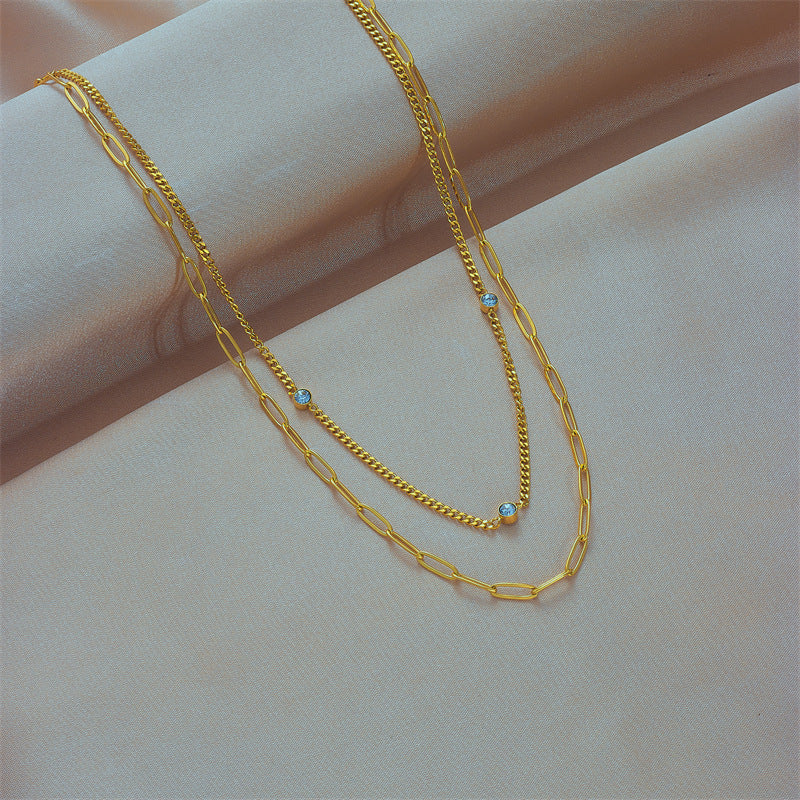 Minimalist Geometric Double-Layer Rhinestone-Embellished Titanium Steel Hip-Hop Punk Necklace for Women