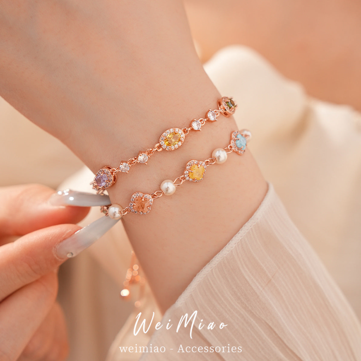 Luxury Sweet Oval Geometric Floral Brass Inlaid Cubic Zirconia Pearl Adjustable Bracelet for Women