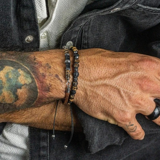 Vintage Hip-hop Punk Round Geometric Wood Bead Leather Bracelet with Magnetic Clasp for Men and Women