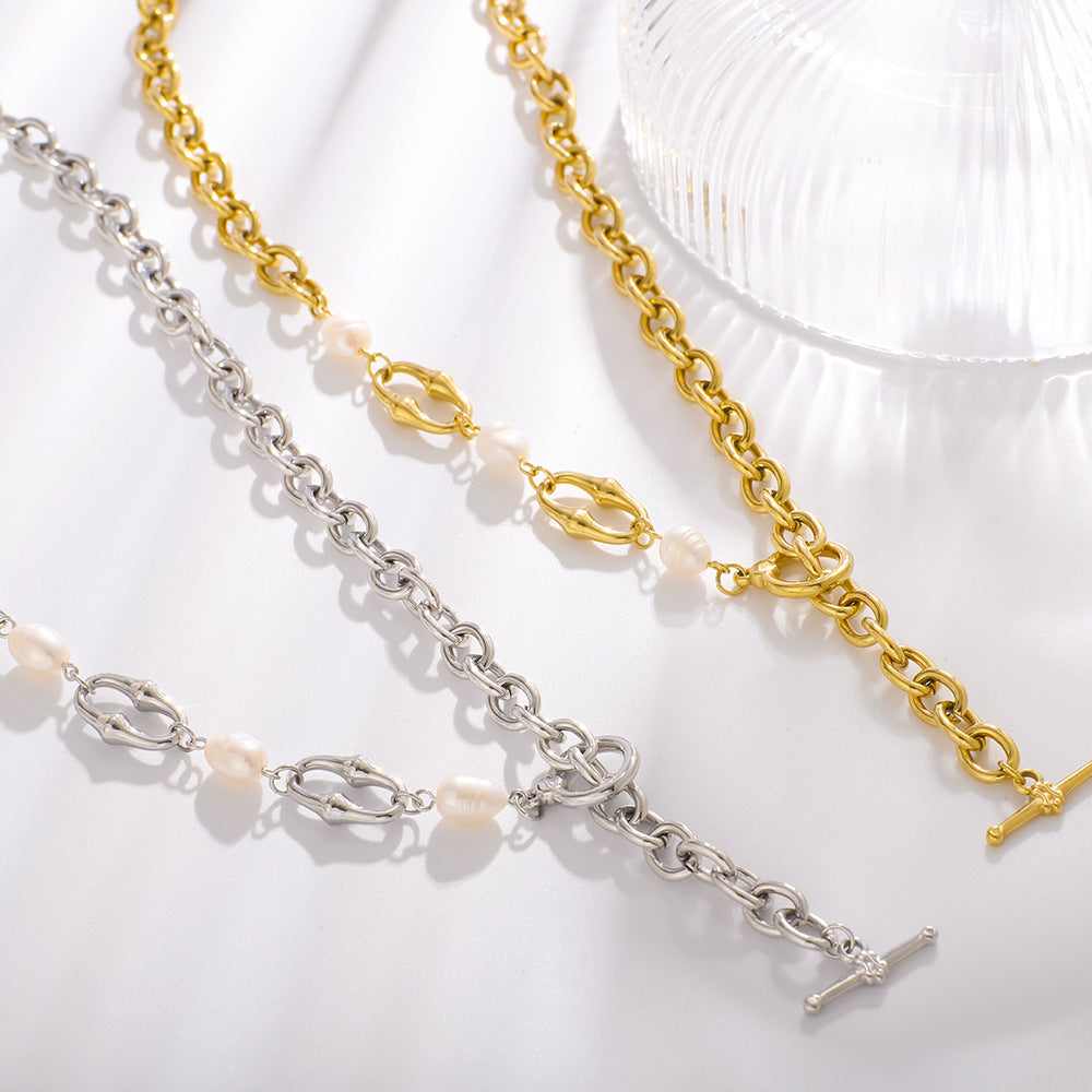 Ins Style Asymmetrical Geometric Pendant Necklace and Bracelet Set in Stainless Steel with Natural Pearl Accents and 18K Vacuum Plated Finish