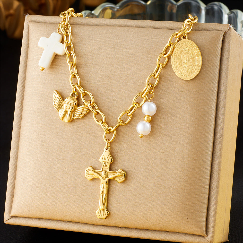 Elegant Stainless Steel Drip Oil Moon Sun Flower Pendant Necklace with Cable Chain for Women