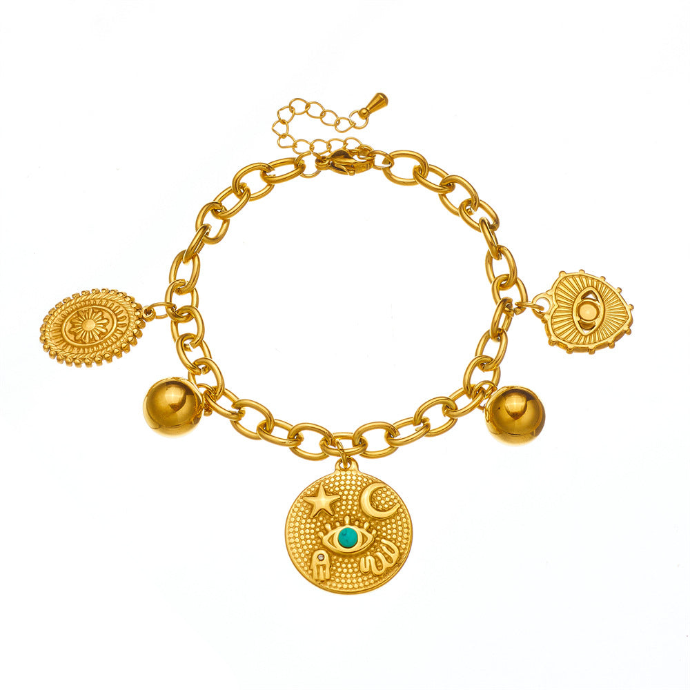 Vintage Style Heart-Shaped Turquoise-Eye Star Moon Oval Pendant Stainless Steel Bracelet with Plating Finish