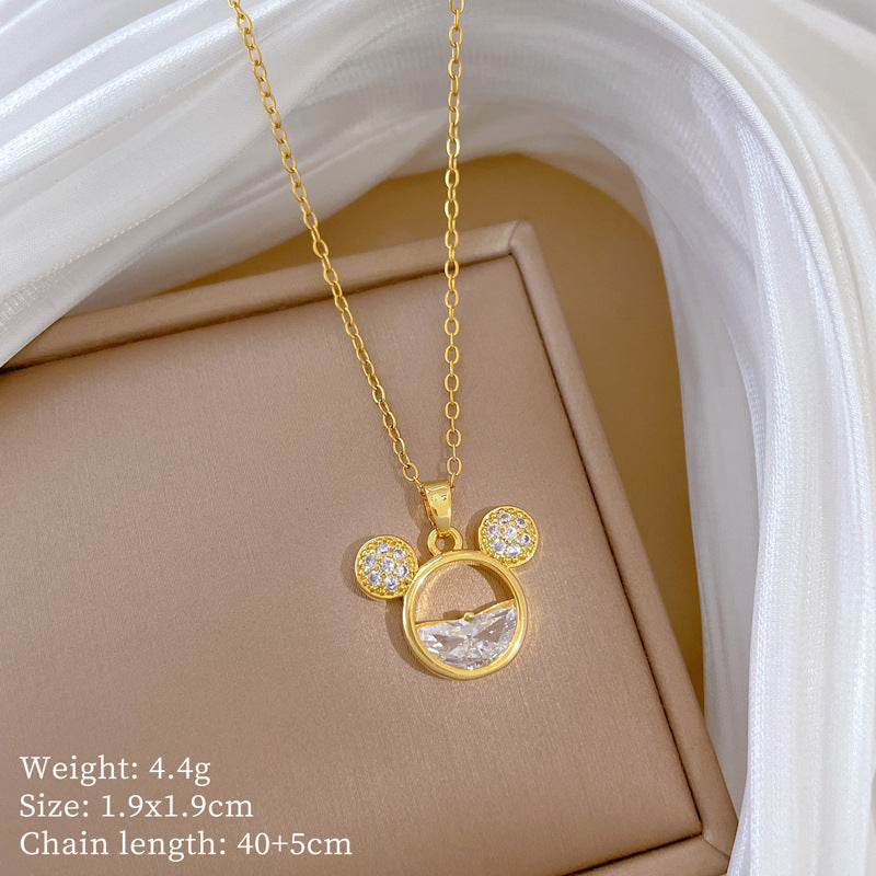 Minimalist Geometric Mouse Head Pendant Necklace and Earrings Set in Titanium Steel with Rhinestone Inlay and Plated Finish for Women