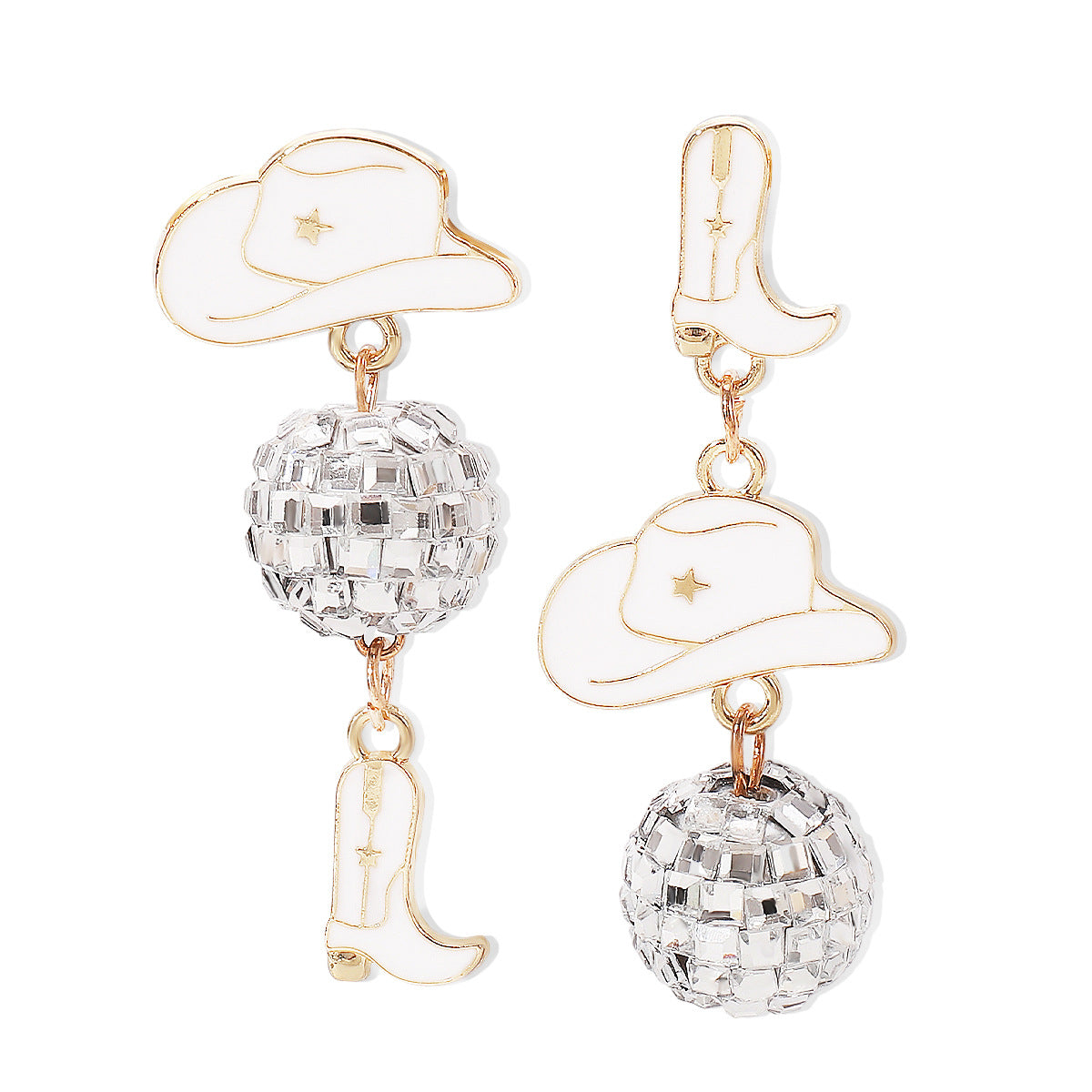 Sweet-Edgy Asymmetrical Oil-Dripped Cowboy Western Style Earrings with Hat and Boot Motifs and Ball Accents in Alloy