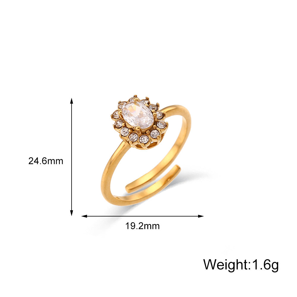 Minimalist Luxe Oval-Shaped Stainless Steel Plated 18K Gold Adjustable Ring with Cubic Zirconia