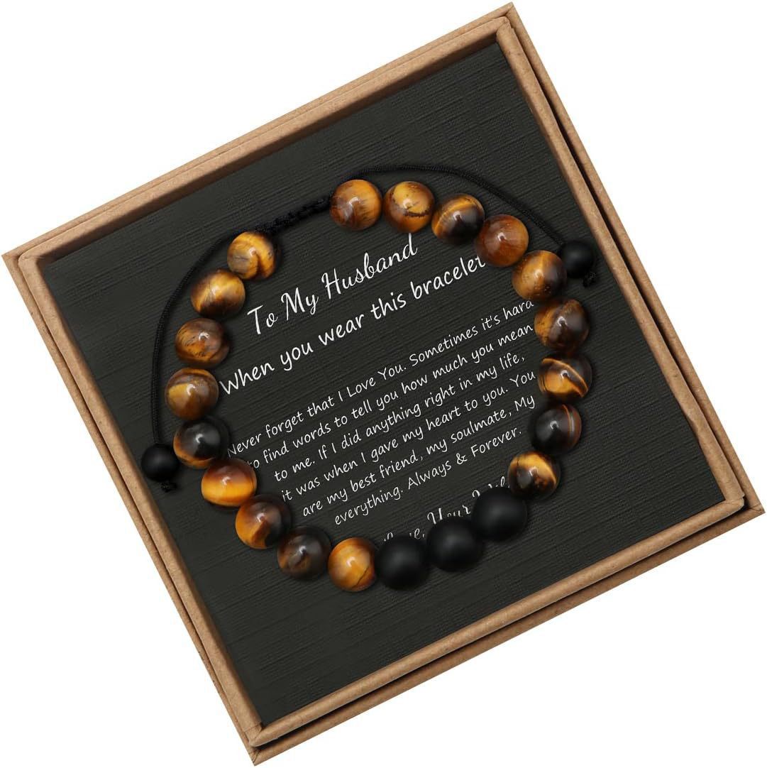 Men's Geometric Tiger's Eye Beaded Bracelet Adjustable Double Layer Handmade Gift