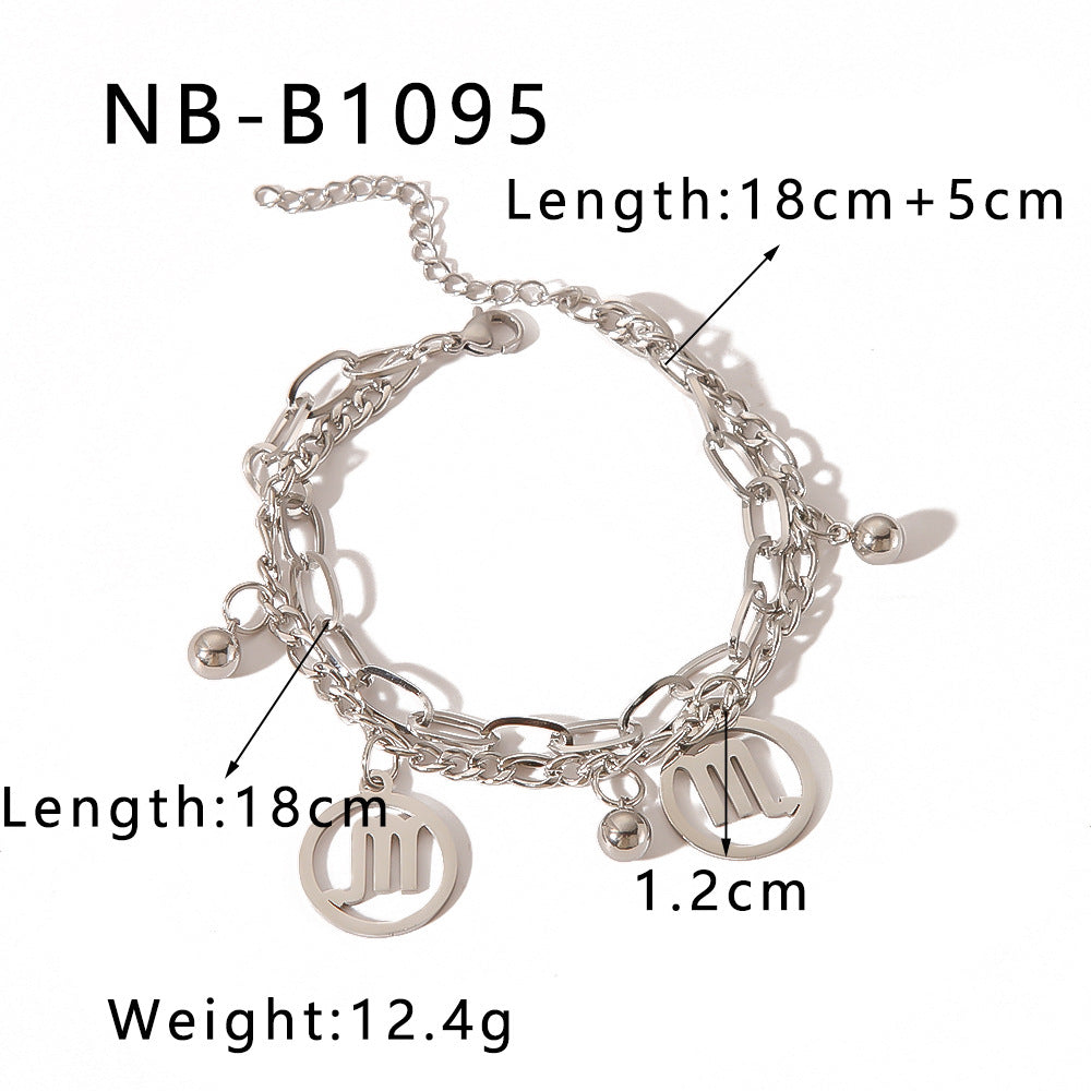 INS Style Zodiac Bracelet with Double Layer Cuban Link Chain Stainless Steel Pendant and 18K Vacuum Plated Finish