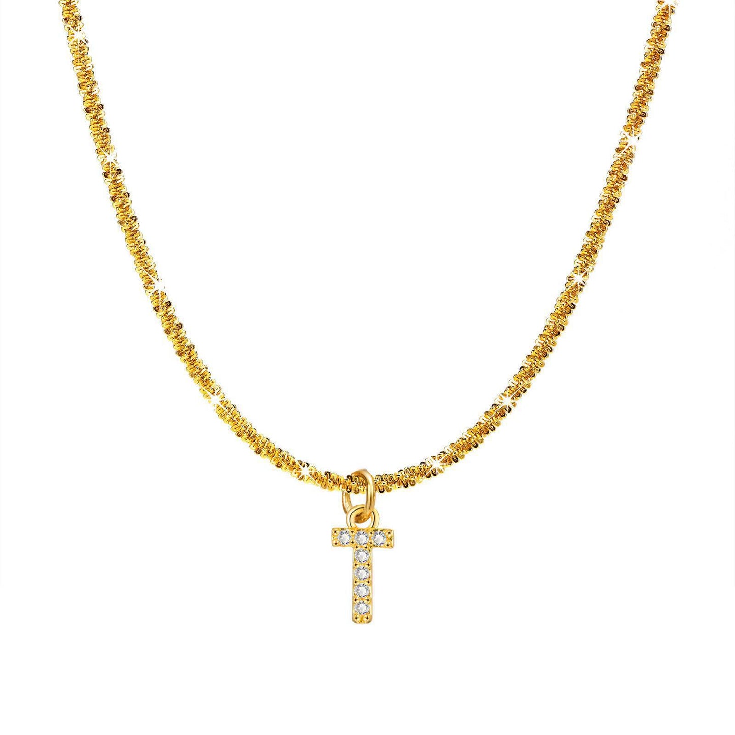 Collana da Donna Minimalista a Forma di Lettera in Acciaio al Titanio con Zirconi Intarsiati e Catena Ondulata