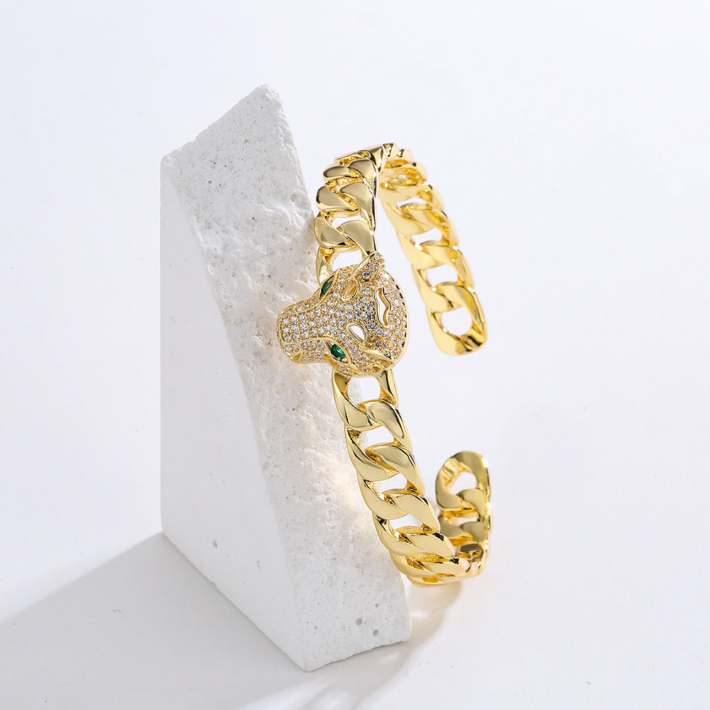 Minimalist Leopard Head Open Bangle Bracelet for Women in Copper with 18K Gold Plating and Enamel Finish
