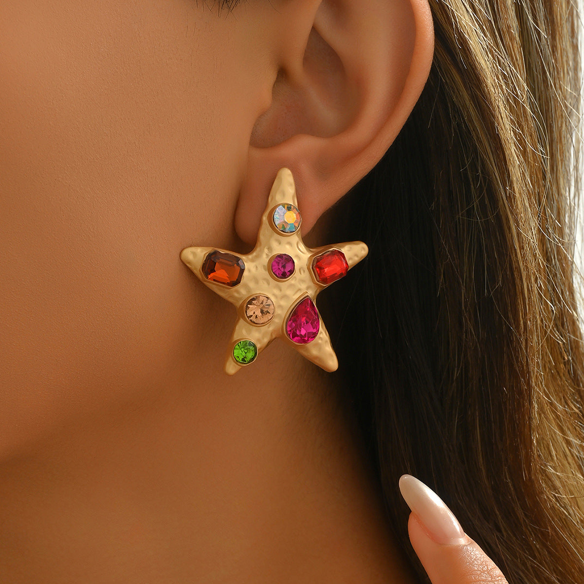 Pendientes de tuerca de aleación de zinc en forma de estrella de moda con incrustaciones de diamantes de imitación para mujer, diseño geométrico con postes de acero inoxidable