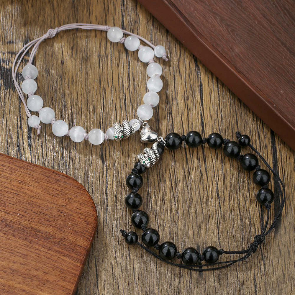 Geometric Round Black Agate Beaded Snake Chain Bracelet with Magnetic Heart Clasp for Unisex