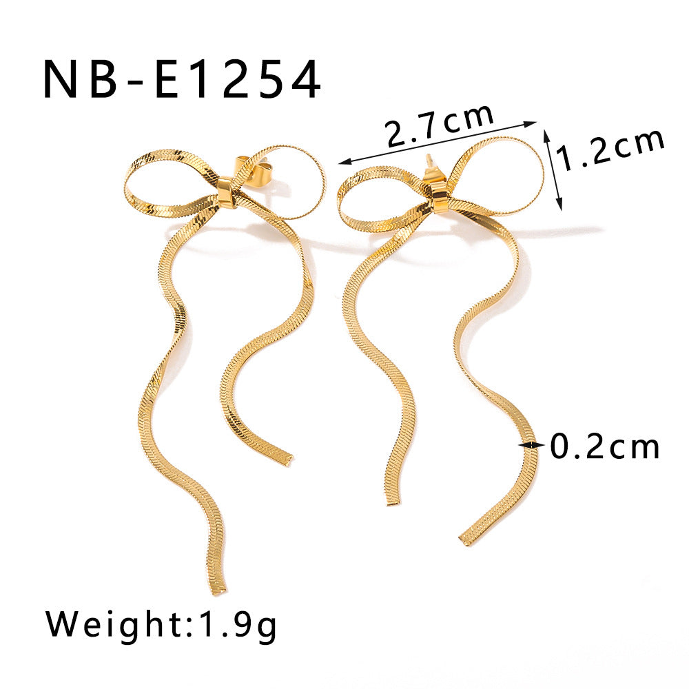 Fashion Bow-Shaped Stainless Steel Earrings with Tassel Detail and 18K Gold Plating for Women