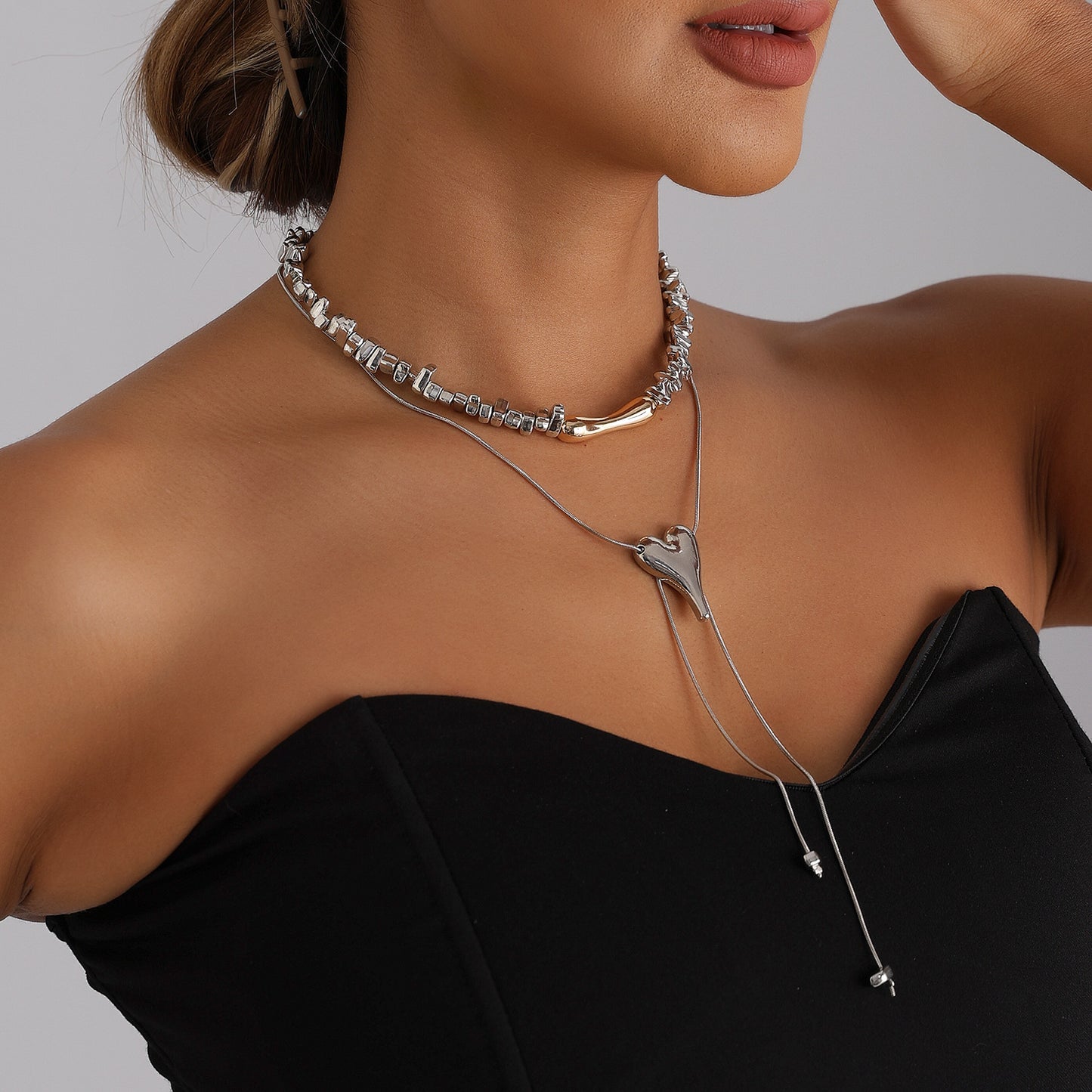 Minimalist Irregular Geometric Heart Alloy Plated Beaded Long Necklace for Women