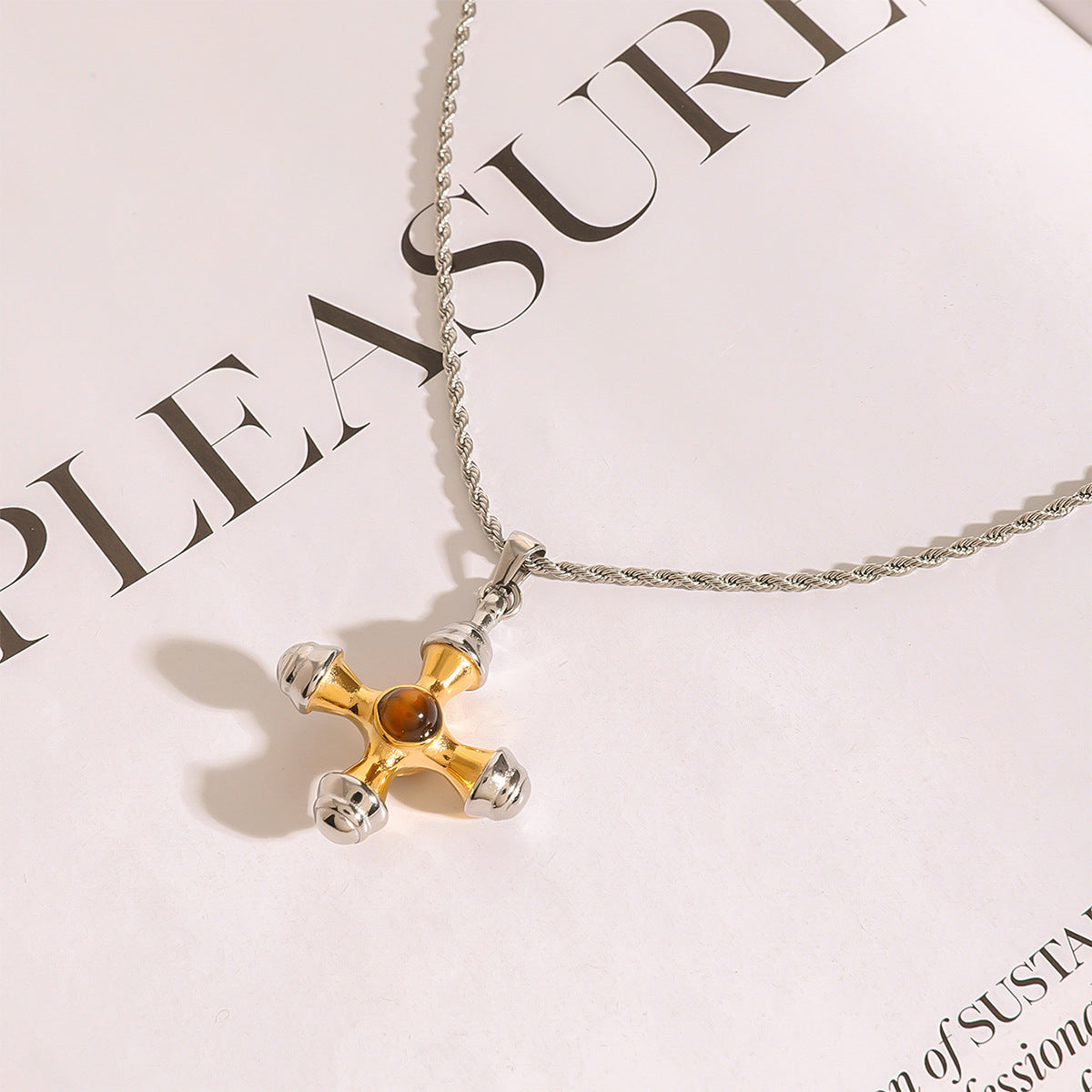 Collana con Ciondolo a Croce Minimalista in Acciaio Inossidabile con Accenti in Acciaio al Titanio, Finitura Galvanizzata, Design Geometrico per Donna