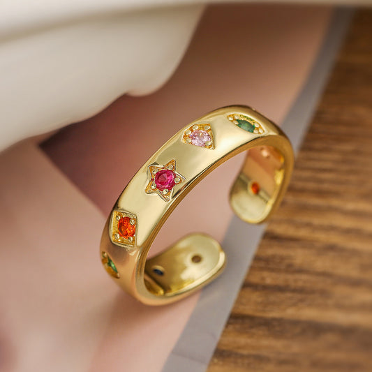 Anello aperto geometrico retrò minimalista da donna in ottone con placcatura in oro 18 carati e intarsio in zircone