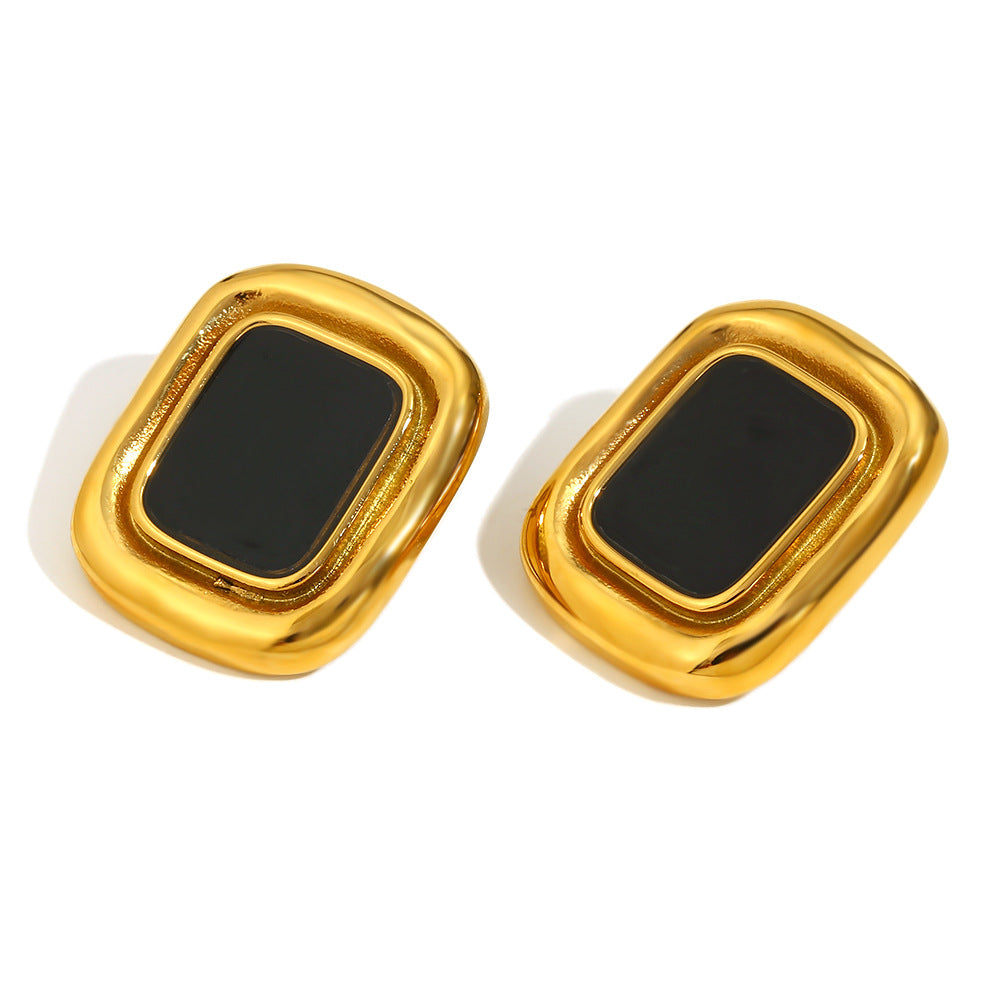 Fashionable Geometric Black Onyx Frame Stud Earrings in Stainless Steel with 18K Gold Plating for Women