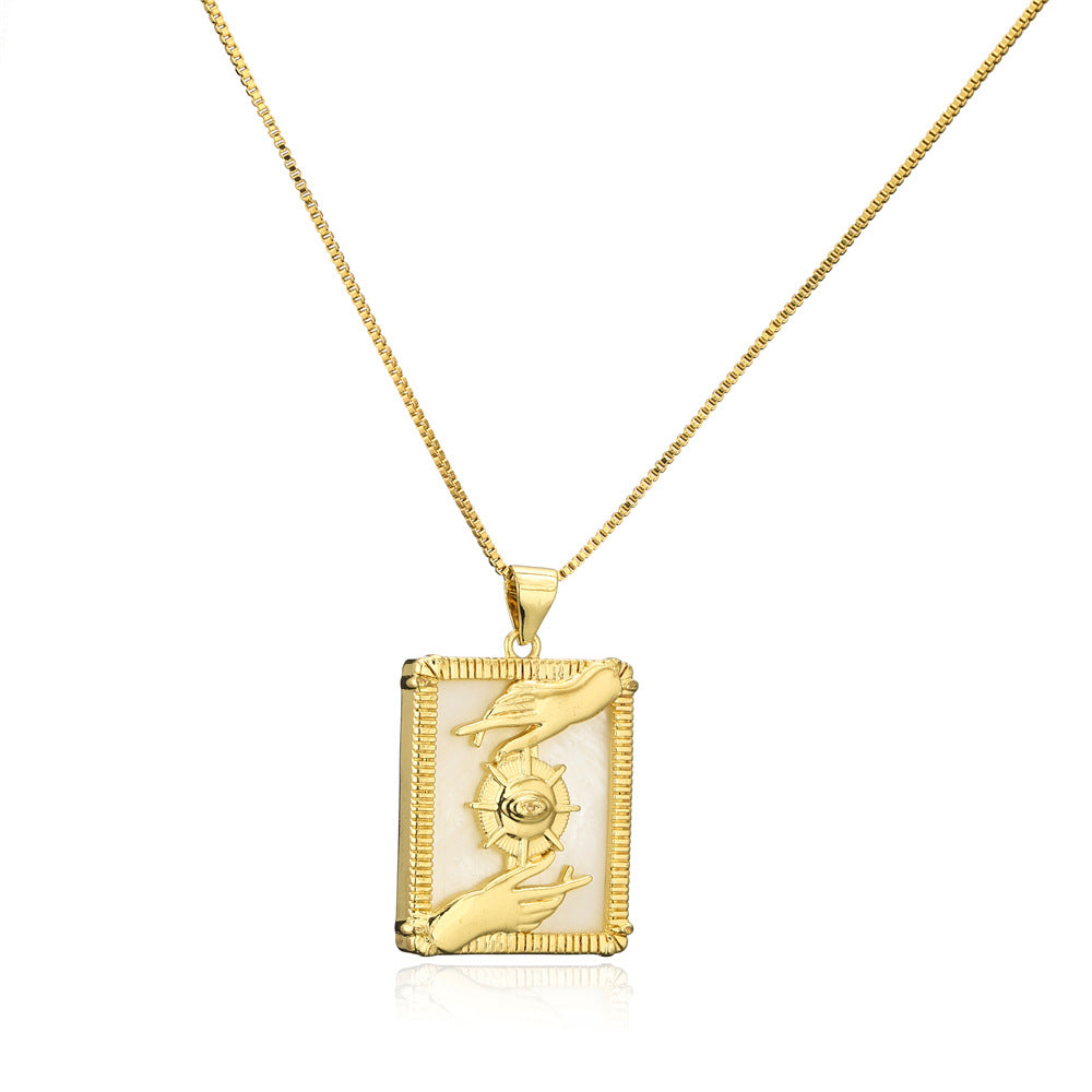 Geometric Natural Shell Pendant Necklace for Women with Copper Base Plated in 18K Gold and Zircon Inlay