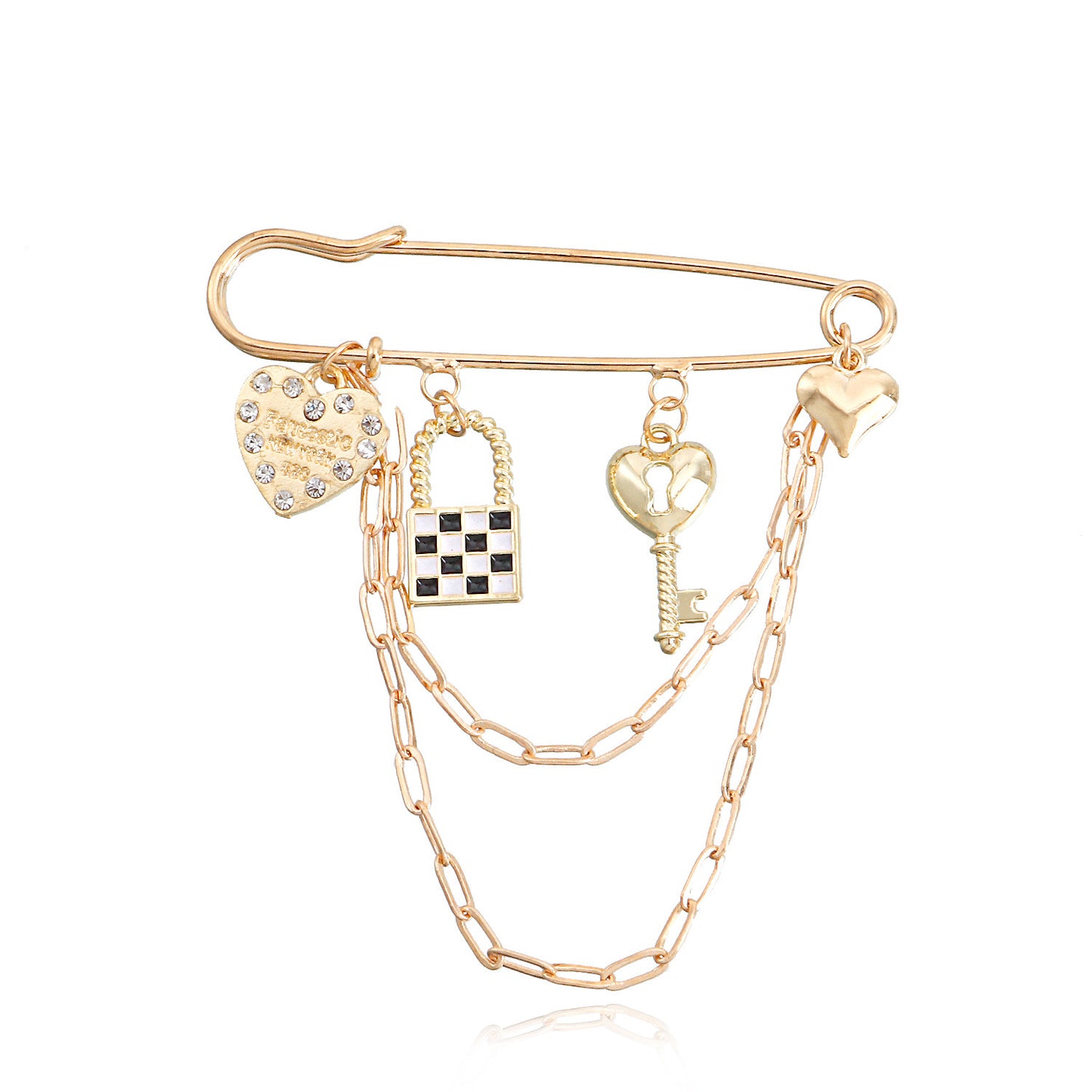 Spilla a forma di Cuore con Chiave, Lucchetto a Scacchi Geometrici Neri e Bianchi in Stile Vintage, in Lega con Finitura Galvanizzata
