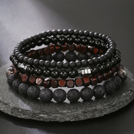 Hip-hop Matte Volcanic Stone Hematite Wood Round Beaded Bracelet Set