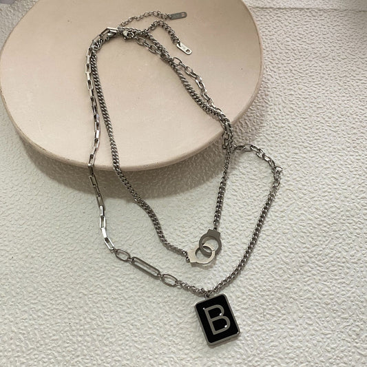 Minimalist Titanium Steel Letter B Square Pendant Necklace Plated Layered Chain Unisex Jewelry