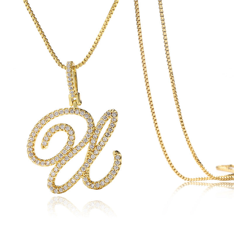 Minimalist Geometric Letter Pendant Necklace in Brass with Micro-Pavé Setting on Box Chain
