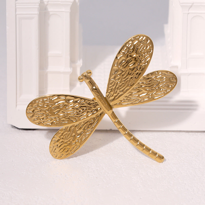 Minimalist Dragonfly-Shaped Stainless Steel Open Ring with Gold Plating for Women