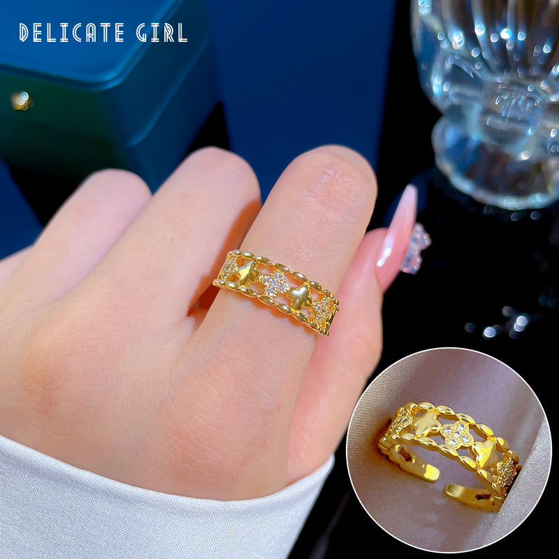 Minimalist Sweet Geometric Round Brass Plated Rhinestone Ring for Women and Men