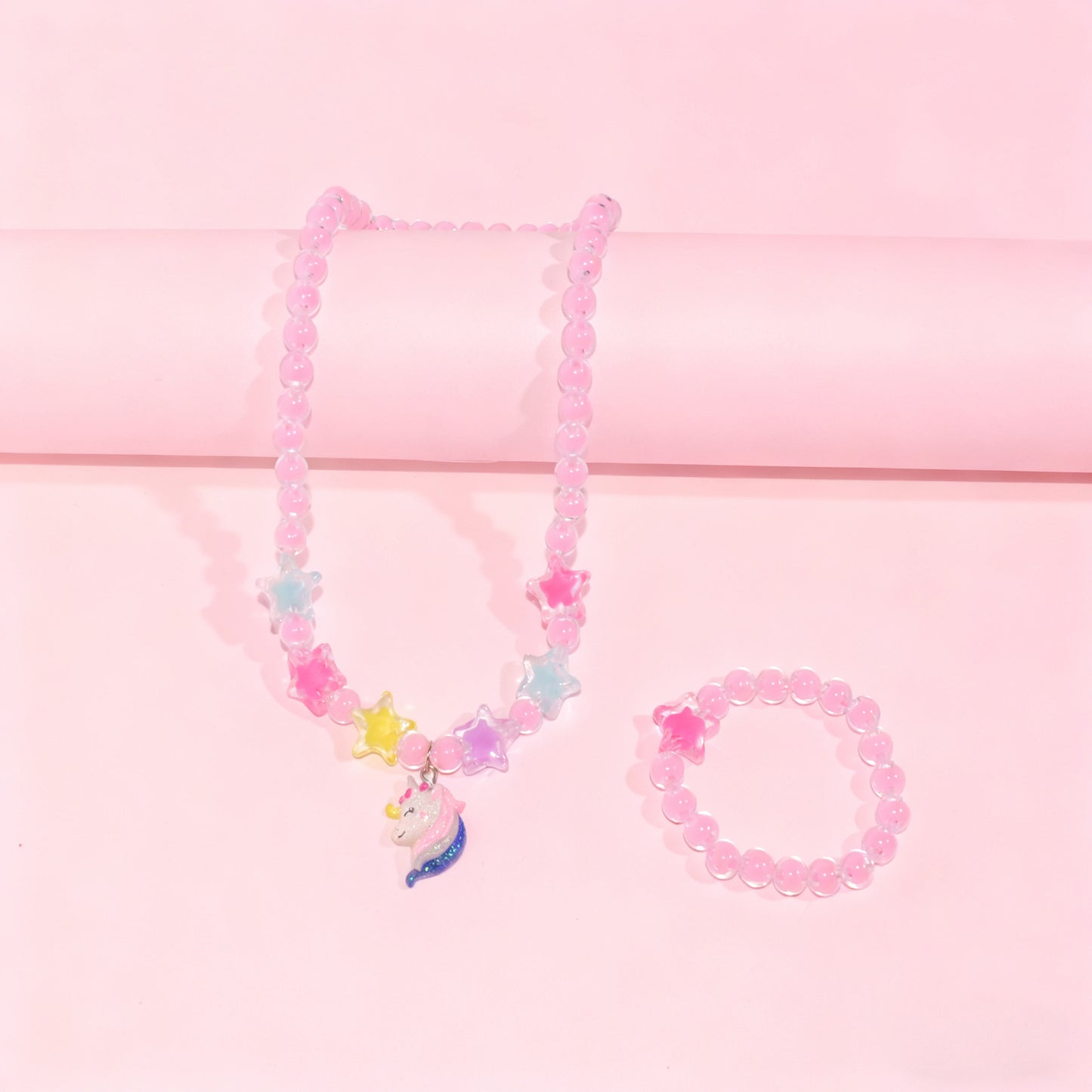 Cartoon Style Unicorn and Heart-Shaped Resin Beaded Necklace Set for Girls with Round Bead Chain
