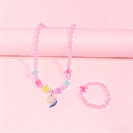 Cartoon Style Unicorn and Heart-Shaped Resin Beaded Necklace Set for Girls with Round Bead Chain