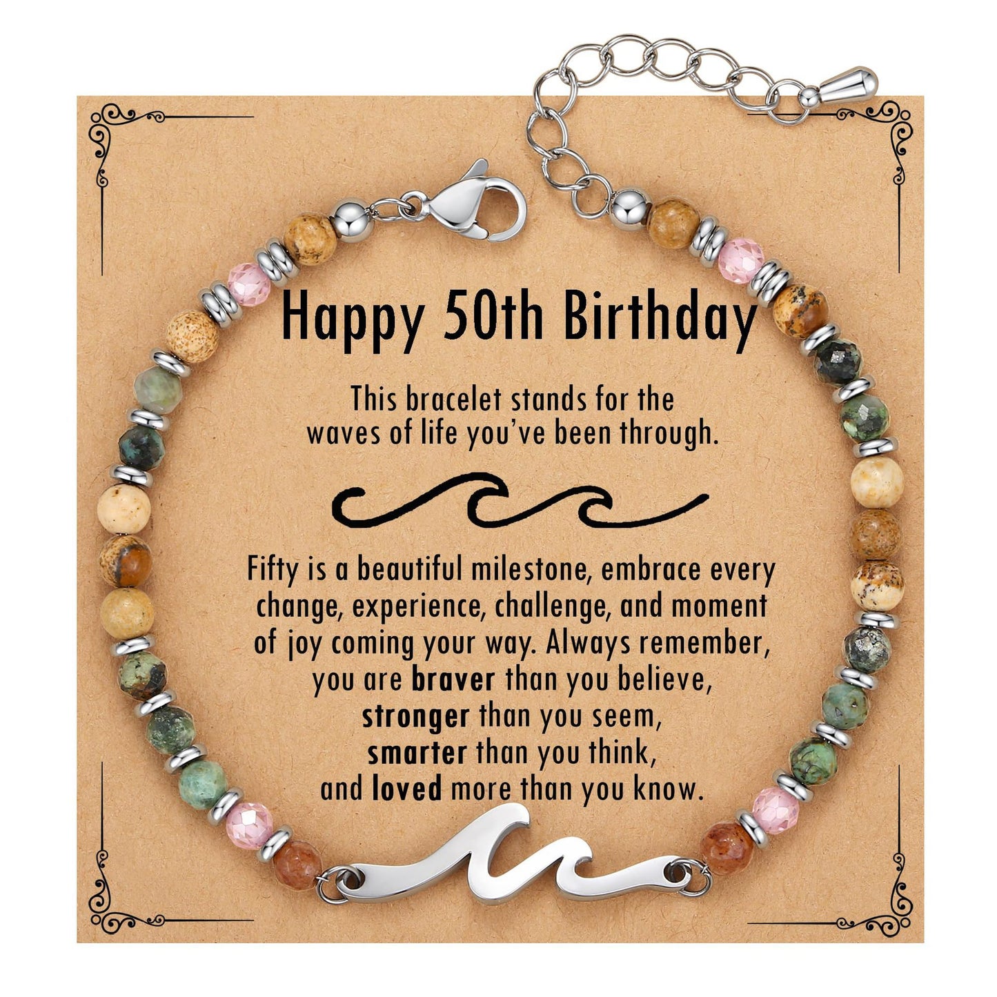 4mm Natural Stone Beaded Stainless Steel Wave Bracelet for Women