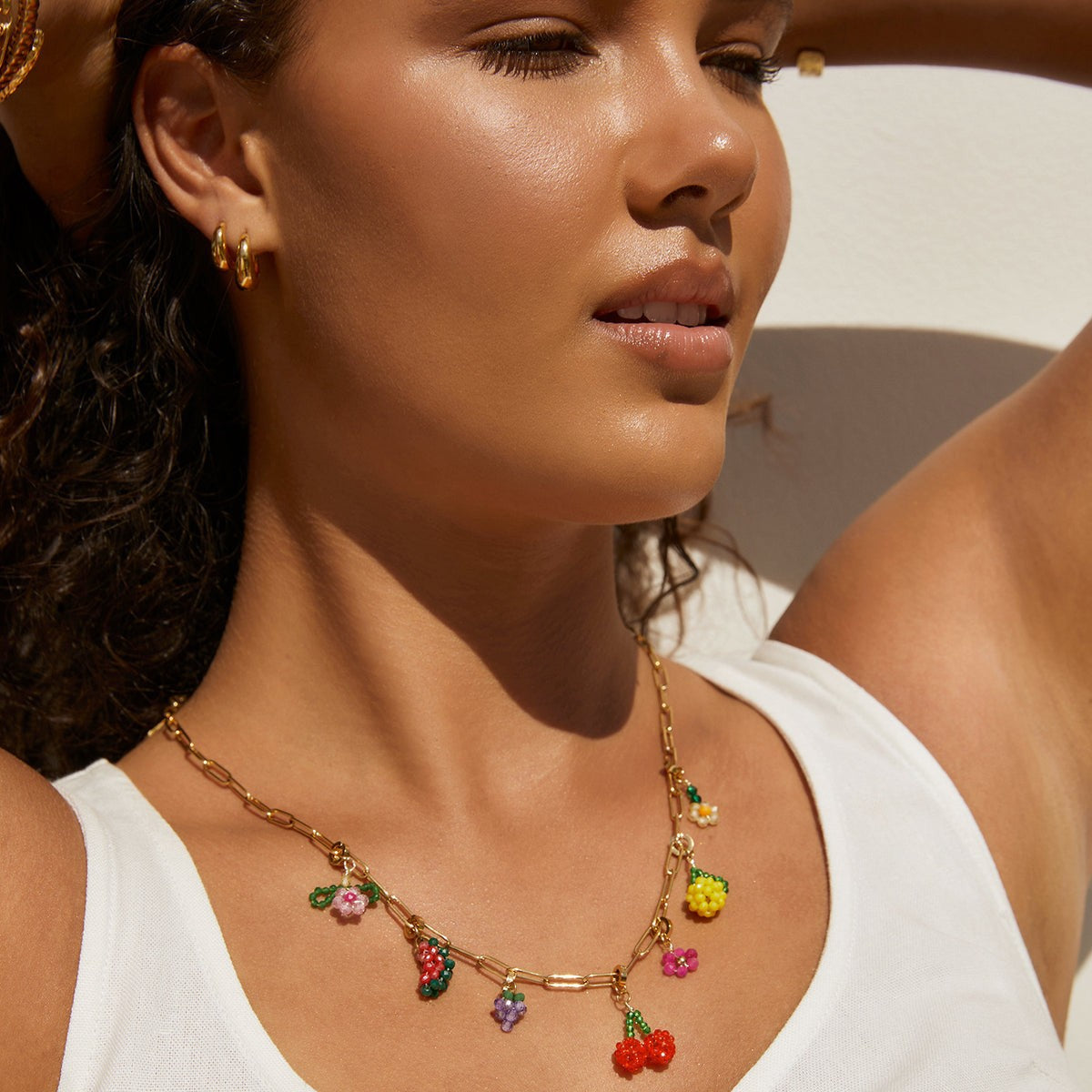18K Gold Plated Titanium Steel Fruit Pendant Necklace with Cubic Zirconia for Women