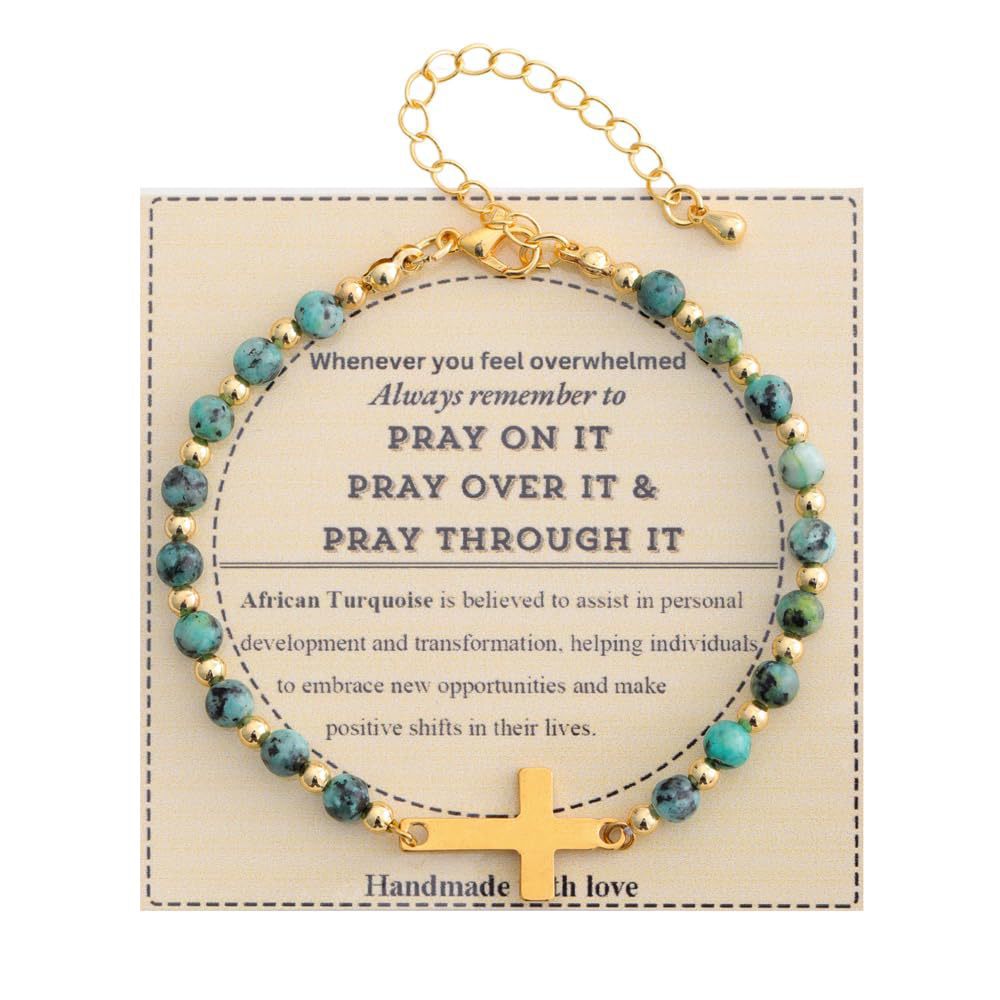 Minimalist Natural Stone Cross Bracelet with Turquoise and Amethyst Inlay for Women